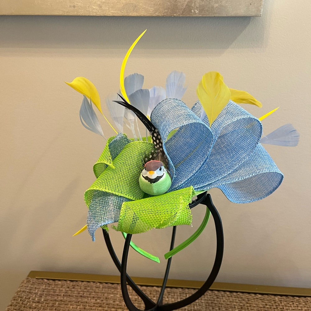Blue and Lime Feathered Bird Fascinator Headband for Derby!
